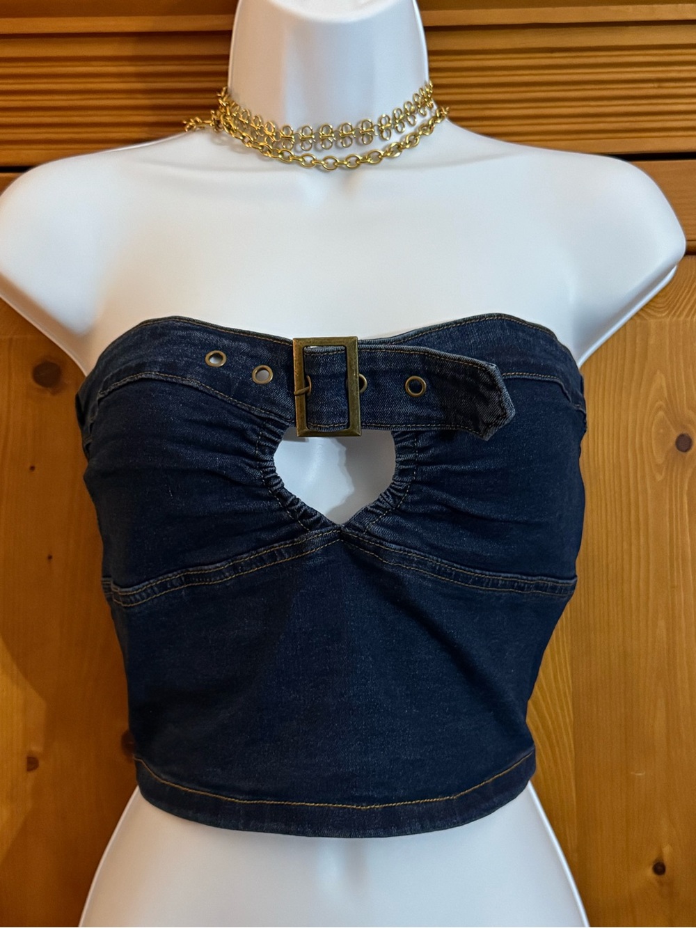 Cider Denim Strapless Buckle Cutout Crop Top - Dark Blue